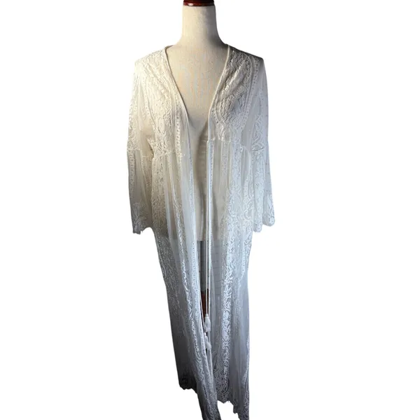 White Floral Lace Maxi Duster Kimono Cardigan Size Small Boho Festival - Image 4