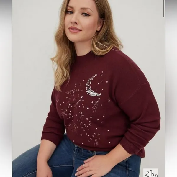 Torrid Burgundy Maroon Silver Sequin Moon Mock Neck Sweater 1X - Image 2