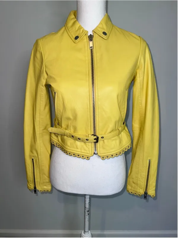 DOMA Yellow Lamb Leather Scalloped Cropped Jacket S - Image 3