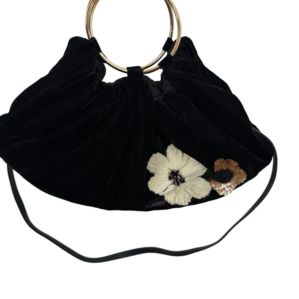 Anthropologie Handbag Womens OS Black Floral Embroider Sequin Velvet Ring Handle - Image 2
