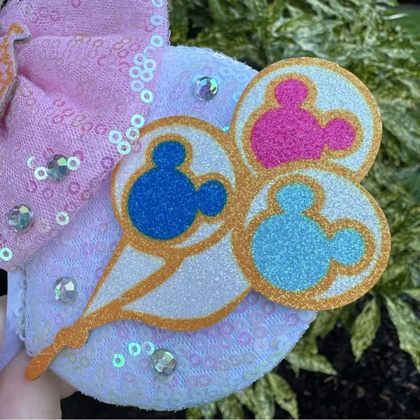 NEW Mouse Ear Headband Sequin/Glitter/Rhinestone Disney Style Balloons & Castle - Image 2