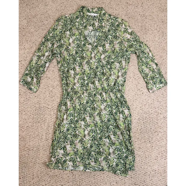 Boho Botanical Green Leaf Shirt Dress CAbi Long Sleeve Collared Faux Wrap S - Image 2