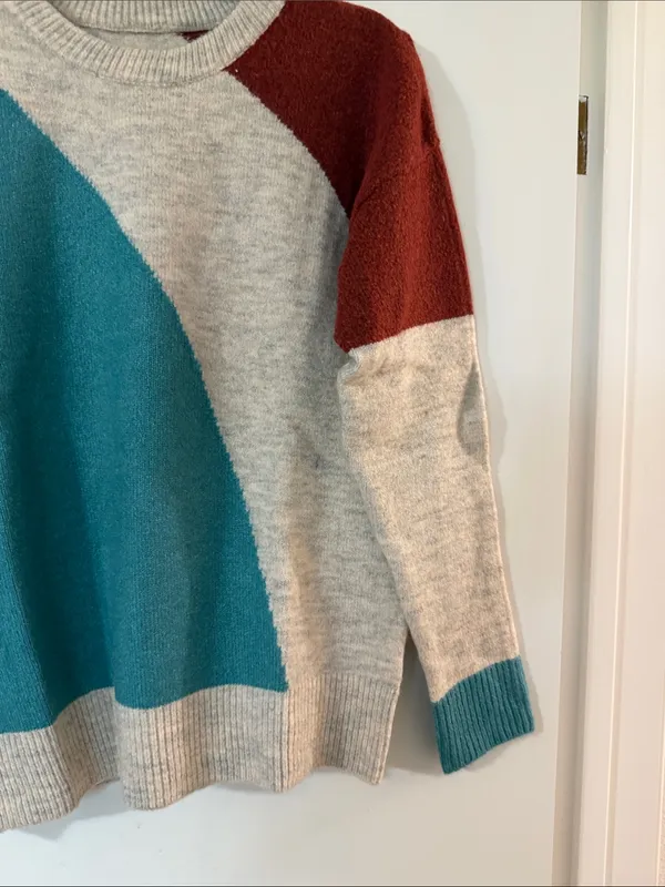 Women's Colorblock Crewneck Sweater in Teal, Cream & Rust - Image 3