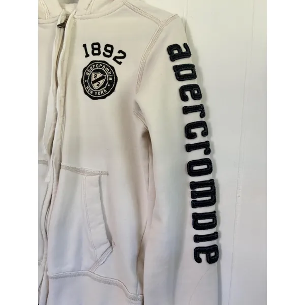 Abercrombie & Fitch Women Cream Full Zip Hoodie Logo Sleeve Vintage 1892 Large - Image 5