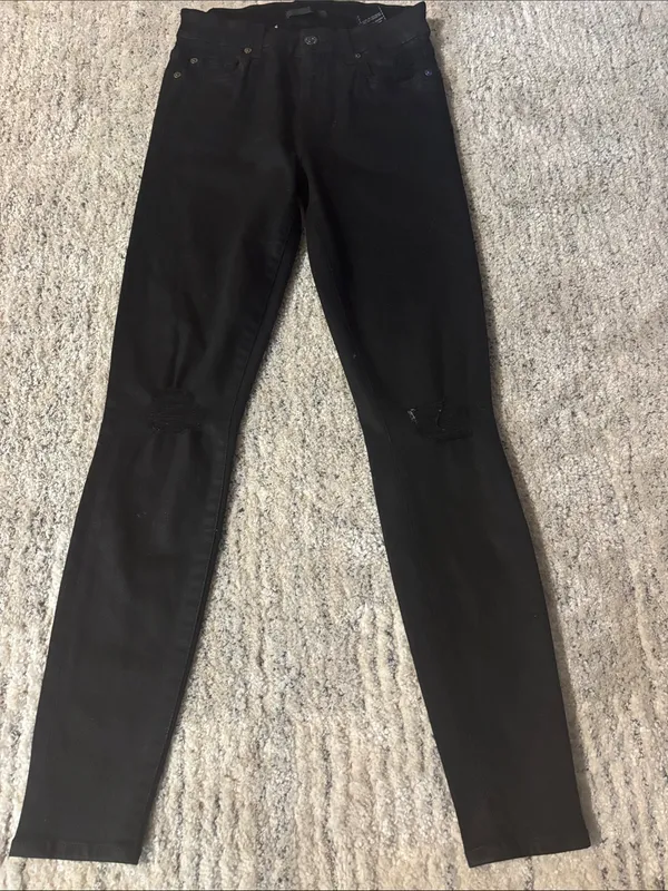 7‎ For All Mankind The Ankle Skinny Jeans Black Distressed Ripped Knee Size 25 - Image 2