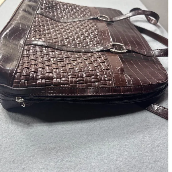 Coldwater Creek Laptop Tote Bag‎ Faux Croc Leather Woven Brown Shoulder Bag Work - Image 16