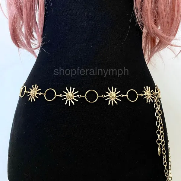 Gold Y2K Celestial Smiling Sun Open Ring Chain Belt, Fits 23-48 Inches, X7GA1333 - Image 2