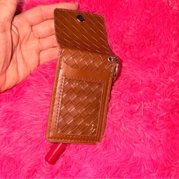 Free People Brown Woven Key Card Holder with Red Lip Gloss Charm - Image 5