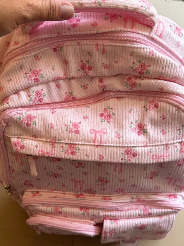 Pink Floral Women's Backpack - Charming Rose Print corduroy - Image 3