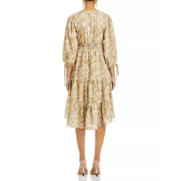 Cupio Midi Dress Women L Tan Gold Geometric Smocked Tiered Boho - Image 2