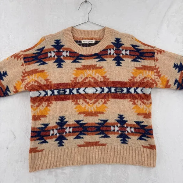 Lucky Brand Western Sweater Wool Blend Jewel Tone Boho Aztec Waist Length Medium - Image 2