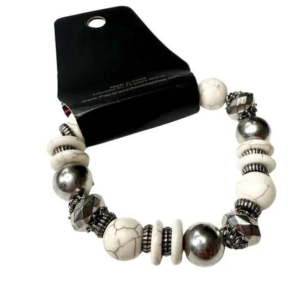 Paparazzi Beaded Stretch Mesa Marbled Maverick Bracelet Stackable White Silver - Image 4