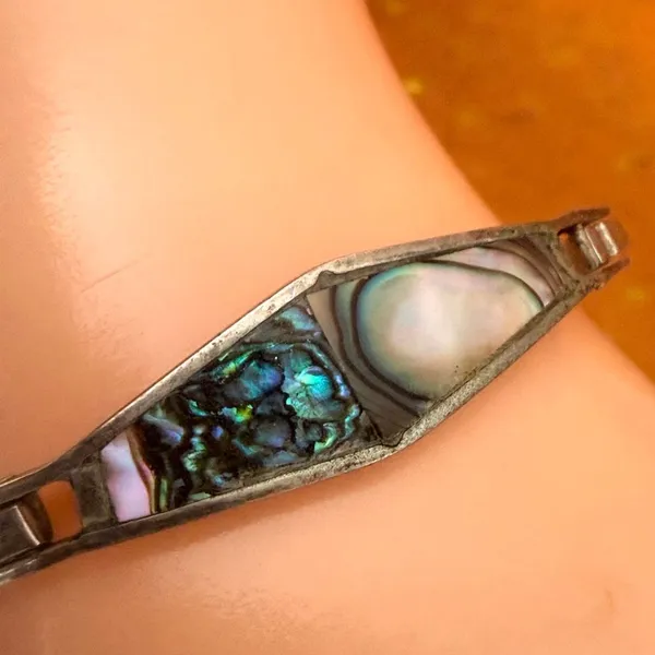 Vintage Mexico Alpaca Silver Abalone Shell Inlay Hinged Bangle Bracelet - Image 3