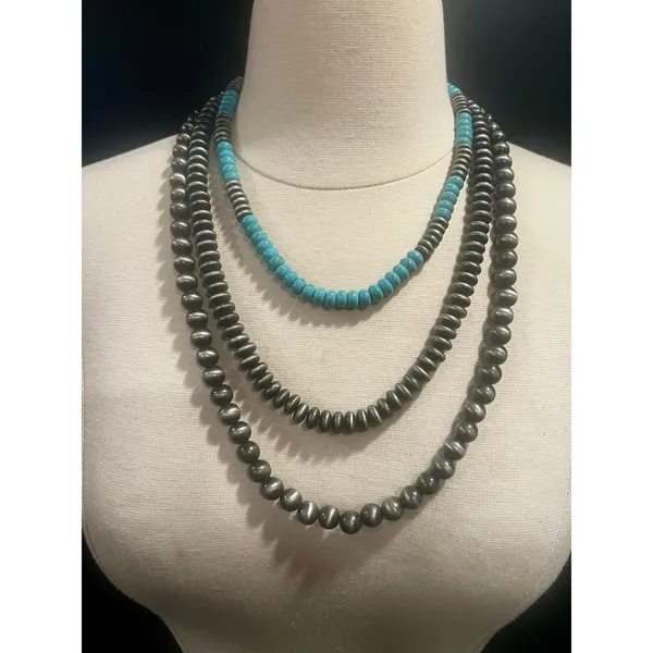 Artisan Turquoise & Gunmetal Triple Strand Beaded Necklace Southwestern Statement - Image 2