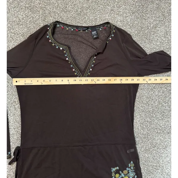Vintage Y2K New York & Company Brown Mesh Tunic Embroidered Sequin V-Neck Large - Image 7