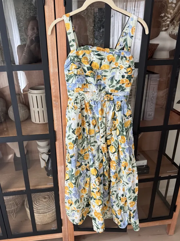 Abercrombie emerson midi dress linen lemons print petite a&f square neck pockets - Image 5