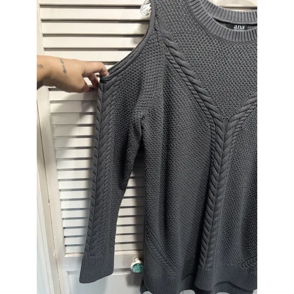 ANA Gray Cold Shoulder‎ Cable Knit Round Neck Long Sleeve Sweater Size XL H/L - Image 3