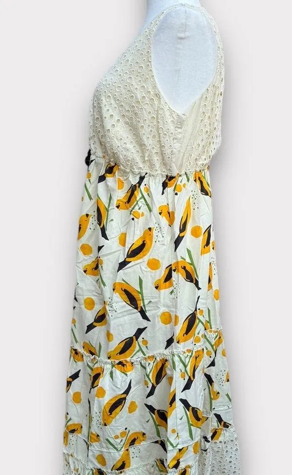 Tiered Eyelet and Bird Print Midi Dress - Image 4