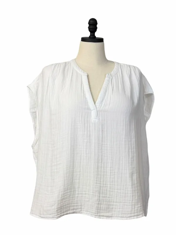Old Navy Popover Blouse Size XXL White Cotton Gauze Short Sleeve NWT V-Neck - Image 2