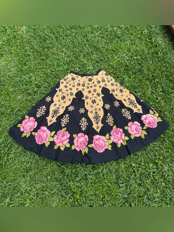 Vintage Temptation Floral Midi Skirt Black Pink Roses Sequin Detail Boho Small - Image 2