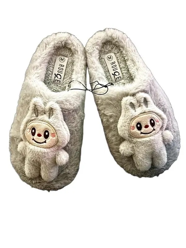 Rouge Plush Beige Slippers with Labubu Character Detail Size Medium 7/8 - Image 3