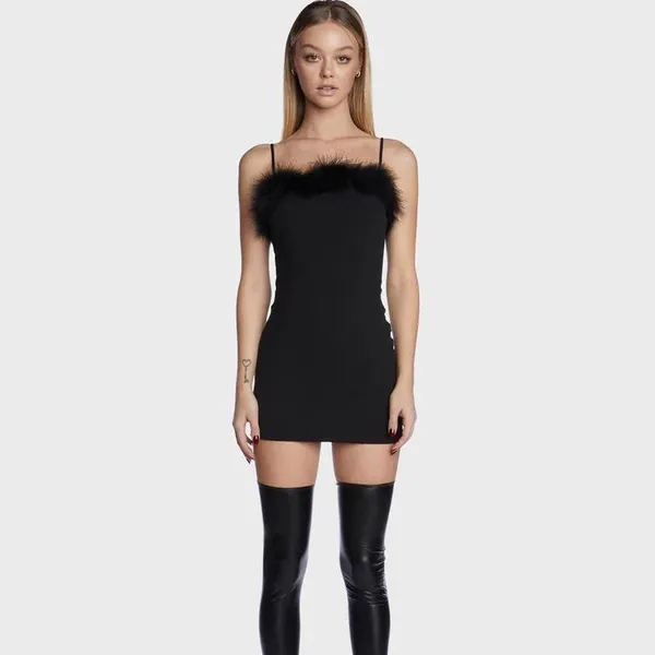 Black Feather-Trim Bodycon Mini Dress  - Image 2