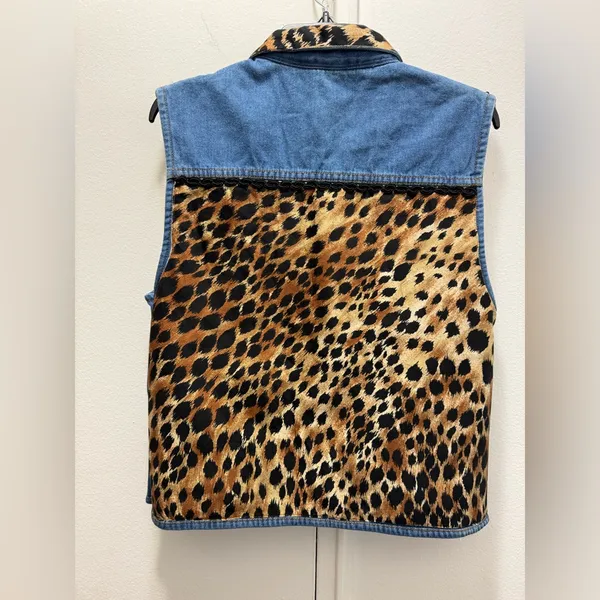 Vintage 90s 80s Denim Jean Vest Animal Print Leopard Rope Detail Western Large - Image 5