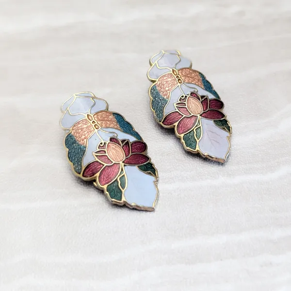 Vintage Clip On Earrings Cloisonné Flower Floral Statement - Image 3