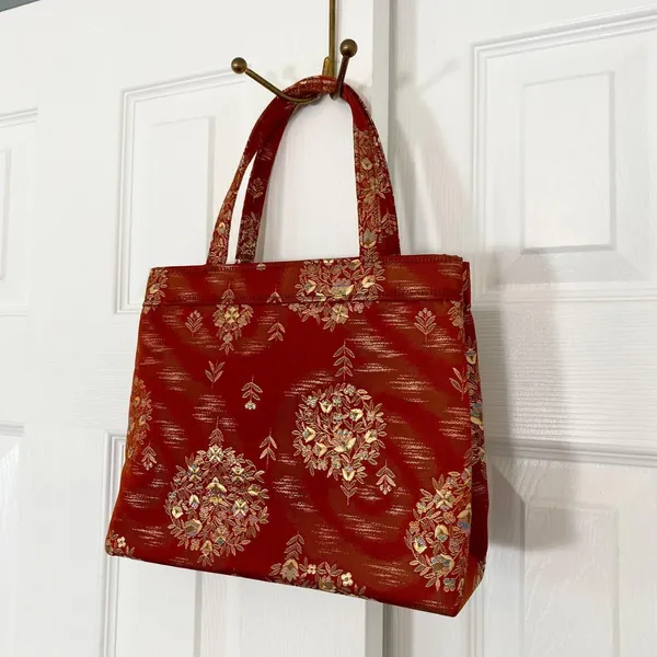 Vintage 90s Asian Boho Retro Orange Gold Top Handle Tapestry Mini Bag - Image 3