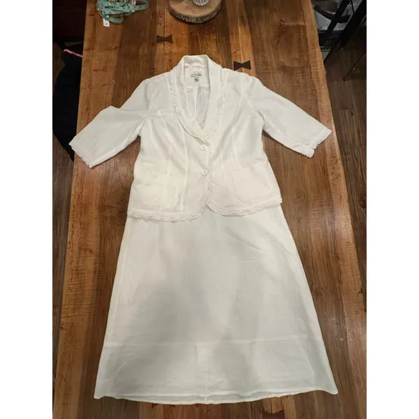 Kim Rogers Petite Linen Skirt Set White Ruffle Blazer & Midi Skirt Size PL Coast - Image 7