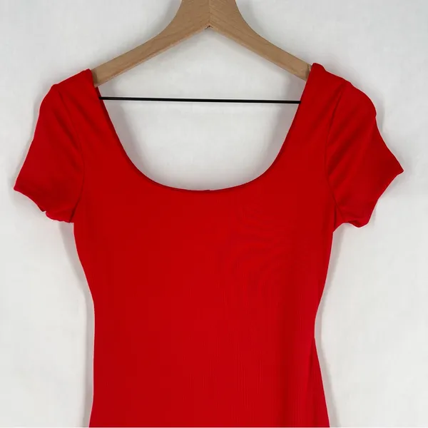 Haute Monde Red Stretch Ribbed Jersey Knit Side Slit Bodycon‎ Scoop Maxi Dress S - Image 3