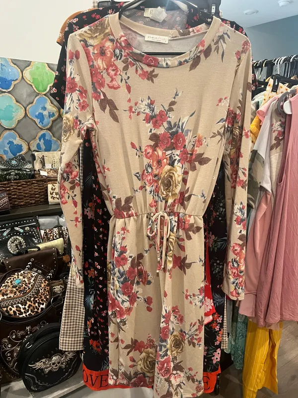 Floral Drawstring Waist Long Sleeve Dress - Beige Floral Size S - Image 2