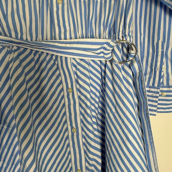 Free Assembly Blue White Striped Cotton Midi Shirt Dress D-Ring Belt L 12-14 - Image 4