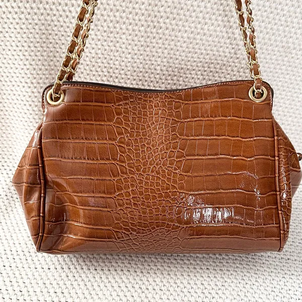 Nine West Cognac Brown Croc Embossed Textured Gold Chain Link Shoulder Bag Glam - Image 12