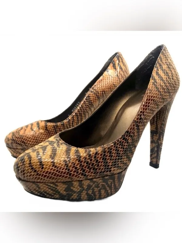 Stuart Weitzman Brown & Black Leather Animal Print Snakeskin Embossed Heels (9) - Image 2
