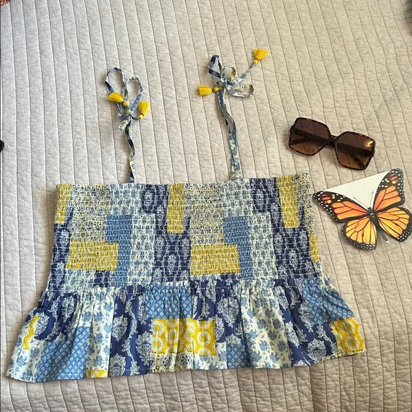 Natural life blue yellow boho floral patchwork smocked ruffle hem tops L XL​ - Image 2