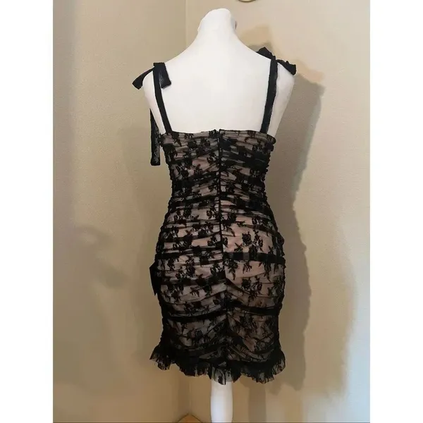 Lulus Beige Be Mine Forever Black Floral Lace Ruched Bodycon Dress XS - Image 2