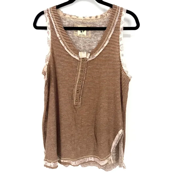Free People Tank Top Striped Henley Medium Brown Linen Blend Boho Sleeveless - Image 3