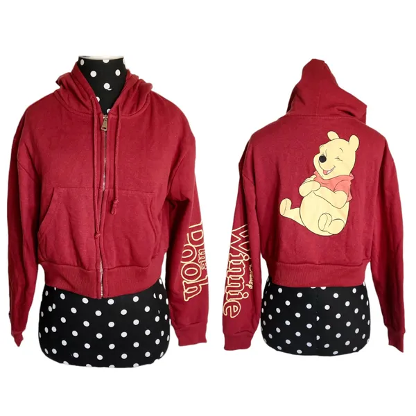 Disney Womens Juniors Hoodie Size XS S Winnie the‎ Pooh Burgundy Cropped Hood - Image 2