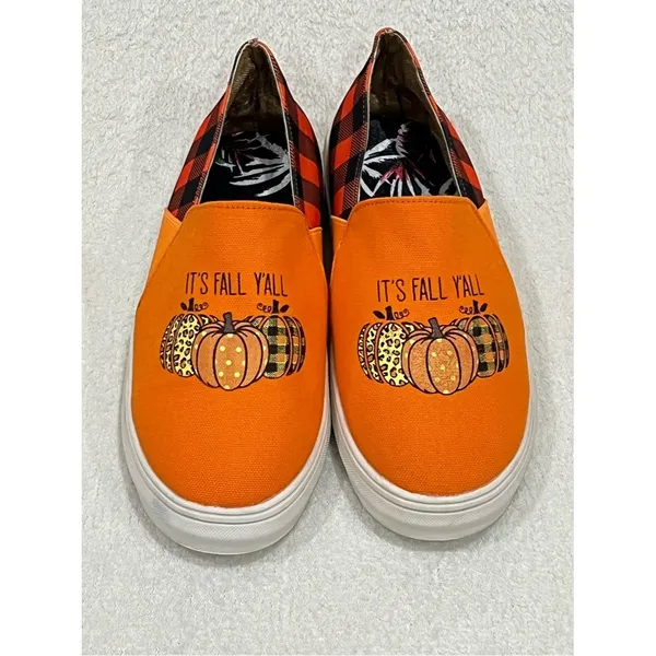 Orange Pumpkin “It’s Fall Y’all” Buffalo Plaid Canvas Slip On Sneakers Size 9.5 - Image 3