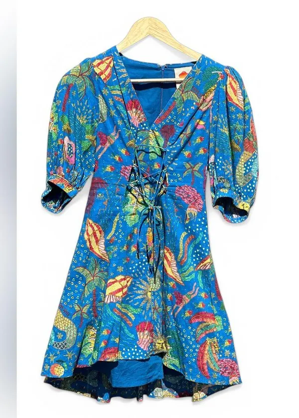 Farm Rio Embellished Lace Up Ocean Stories Printed Swiss Dot Cotton Mini Dress - Image 2