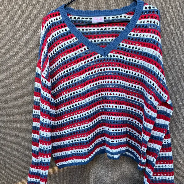 Pink Lily red, white, and blue striped crochet knit sweater top women’s Sz L - Image 2