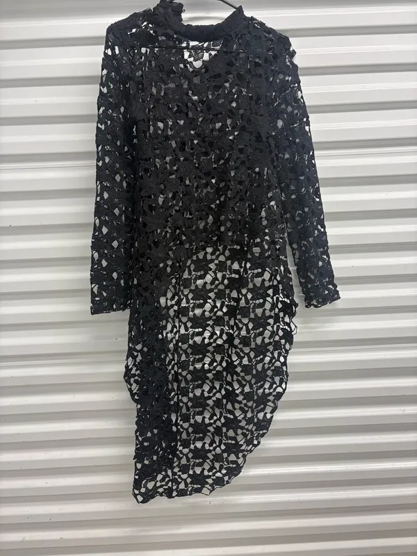 Pretty Garden Womens Black Lace Sheer Layered Round Neck Long Sleeve Midi S - Image 2