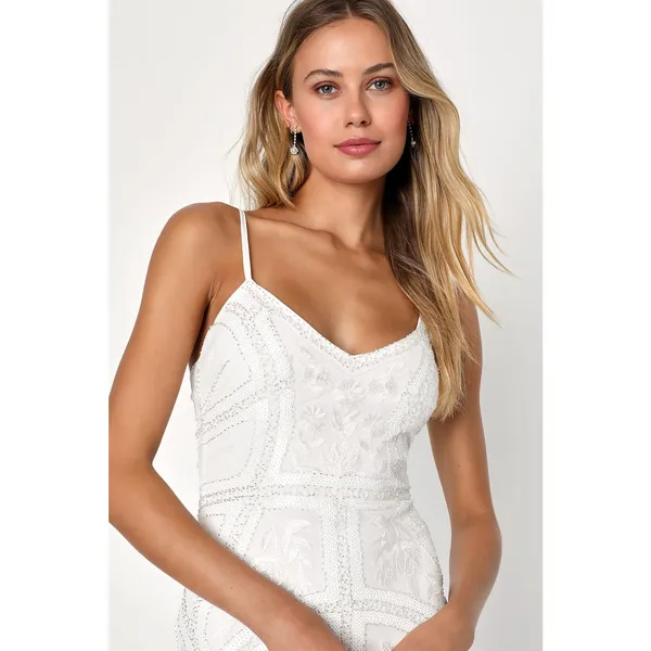 NWT Lulus Alluring Interest White Sequin Embroidered Sleeveless Dress Wedding L - Image 2