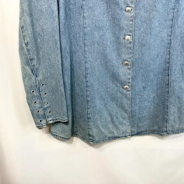 VTG Wrangler Western Wear Large Denim Shirt Blue‎ Grommet Studded Shacket 1234 - Image 5
