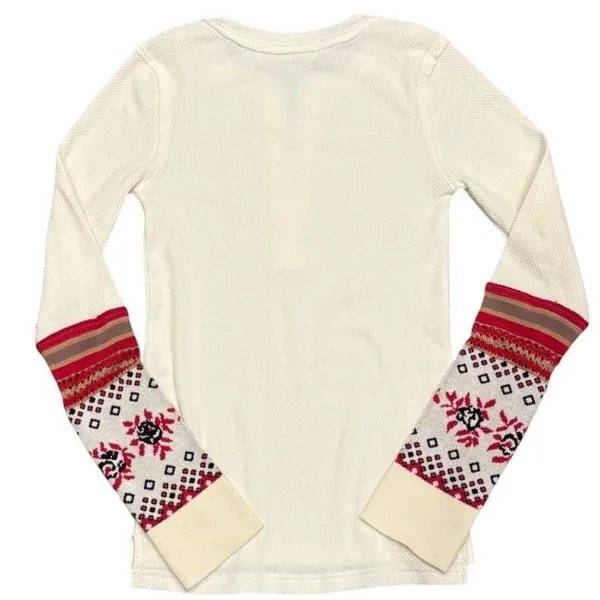 We The Free Mikah Layering Thermal Top Ivory Red Mixed Media Cuff Boho Small NEW - Image 3