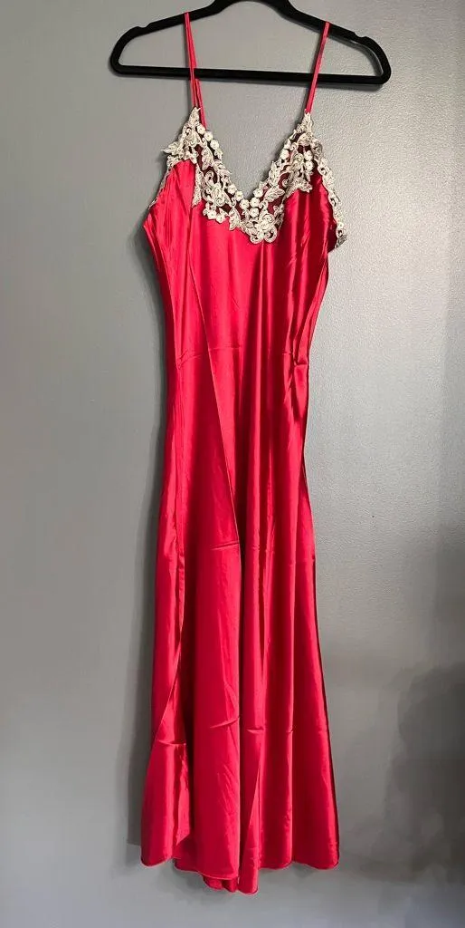 Elegant Vintage Red Satin Maxi Slip Dress Lace Trim Sleepwear Women’s Sz S EUC - Image 3