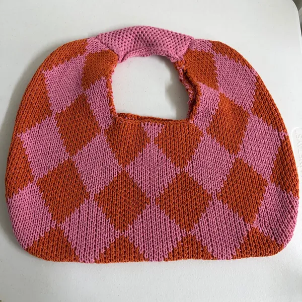Kopari Knitted Argyle Shoulder Bag pink orange woven slouchy hobo handbag purse - Image 4
