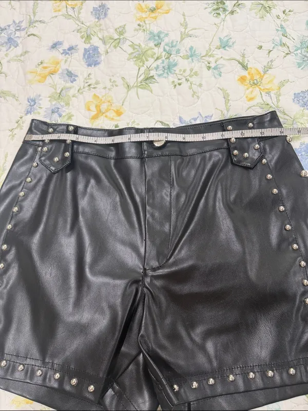 High-Waist Black Faux Leather Studded Shorts - Image 4