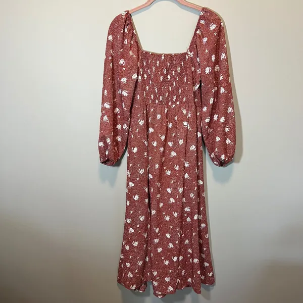Dizzy Lizzy Rust Floral Polka Dot Puff Sleeve Square Neck Midi Dress Women's M‎ - Image 9